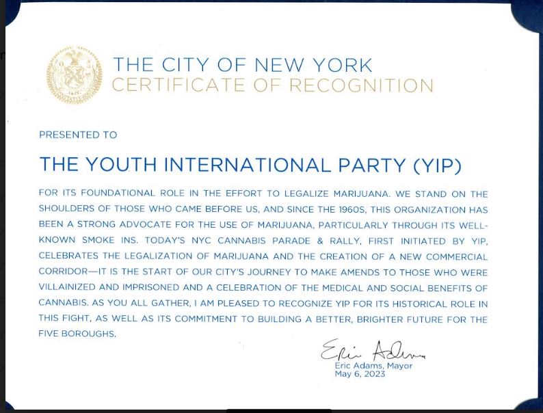 recognition from the city of new york about our role in legalizing weed